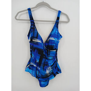 Miraclesuit Size 12 One Piece Swimsuit Blue Geometric Print Ruched Front Shaping